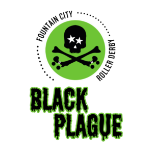 A black, green and white logo with a skull and crossbones for the Black Plague Roller Derby team
