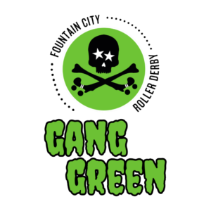 A black, green and white logo with a skull and crossbones for the Gang Green Roller Derby team